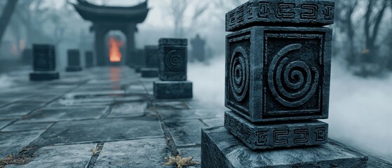 A stone pillar with a spiral design stands in a foggy forest, with a traditional Chinese temple in the background.