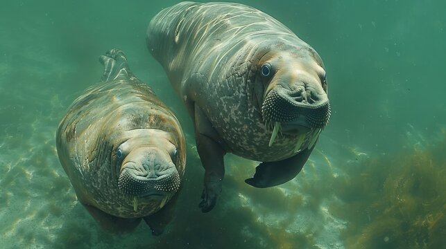 Two walruses swimming gracefully underwater, surrounded by seaweed in a vibrant marine environment