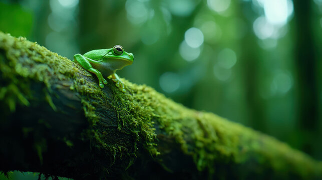 Macro Shot of Small Green Tree Frog Clinging to Mossy Log in Lush Green Environment