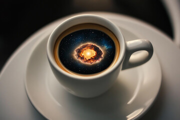 Coffee cup with swirling galaxy design creating an imaginative cosmic effect in a cozy cafe setting