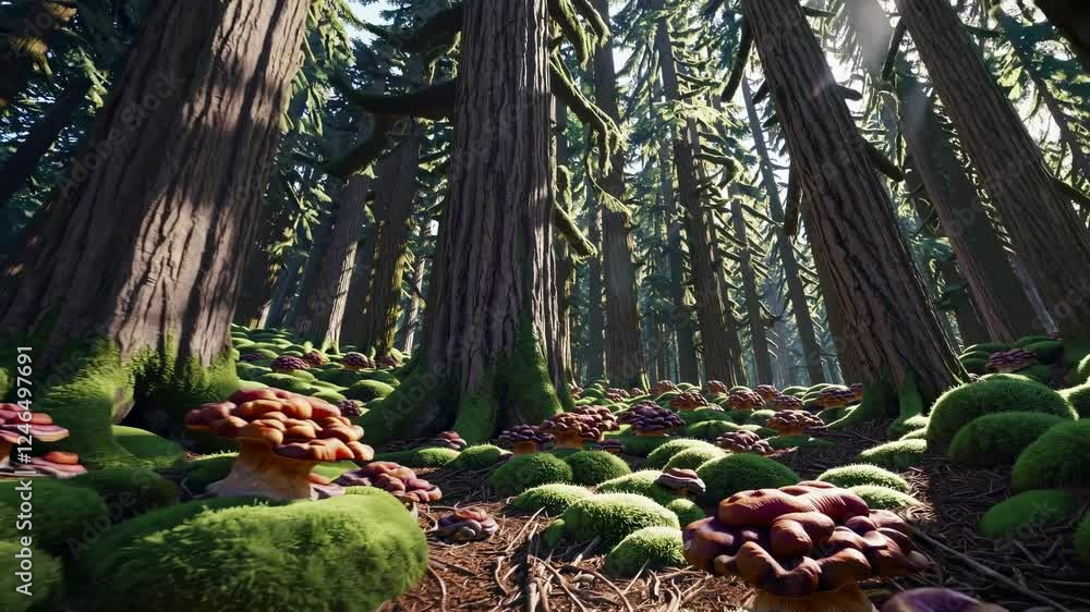 Poster exploring a vibrant forest with towering trees, rich moss, and colorful mushrooms in the heart of na