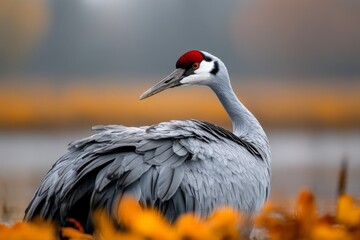 Fototapeta premium A crane spreading its large wings as it prepares for flight over a serene wetland