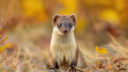 A curious marten stands amidst vibrant autumn foliage, showcasing nature's beauty and wildlife