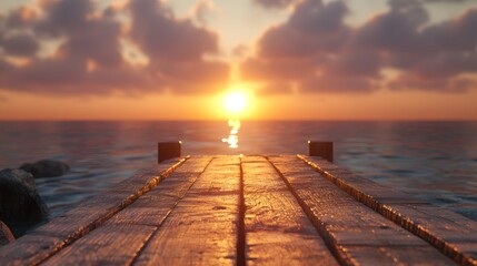 Wooden Dock Leading to the Ocean with Sunset and Dramatic Clouds