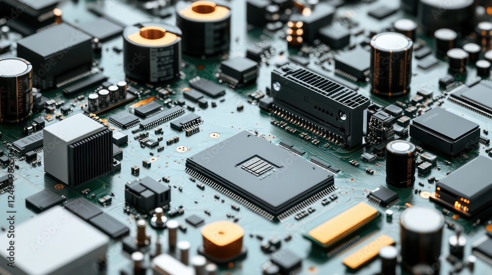 Poster close-up view of a complex circuit board, showcasing intricate electronic components and their arran