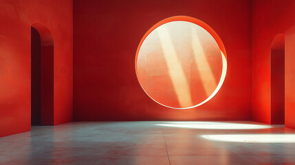 Minimalist Red Architectural Space with Circular Window and Sunlight