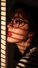 Woman, glasses, striped shirt, sunlit wall, indoor portrait