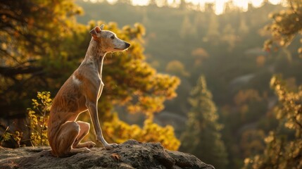 A serene dog perched on a rocky outcrop, gazing at a vibrant forest landscape at sunset