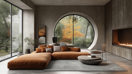 Modern Minimalist Living Room with Circular Window and Cozy Fireplace