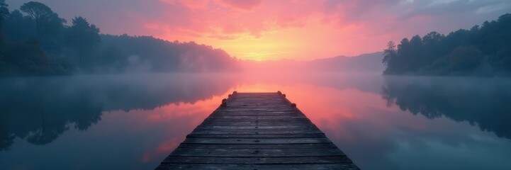 Fototapeta premium Old weathered dock on glassy lake at dawn, misty haze , gray, dock