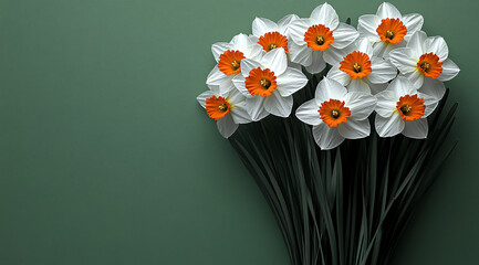 White Daffodils with Bold Orange Centers Emerging Against Soft Green