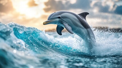 Fototapeta premium Dolphin Leaping Through Ocean Wave at Sunset