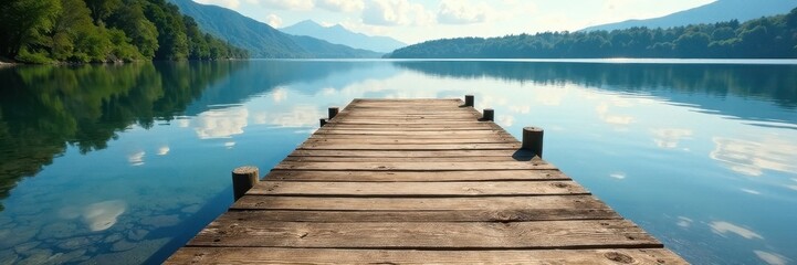 Naklejka premium Rustic wooden dock extends over calm lake water, brown, outdoor