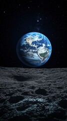 Beautiful View of Earth from the Surface of the Moon at Night