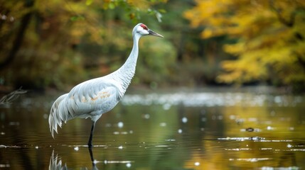Naklejka premium Elegant crane standing in serene water surrounded by autumn foliage reflecting in the lake