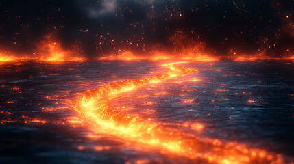 Fiery Lava River Digital Art Abstract Background Intense Hot Volcanic Inferno Dramatic Night Sky    