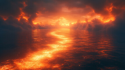 Fiery Sunset Ocean Dramatic Sky Reflection Water Pathway red sea art dark glow heat fire light vivid
