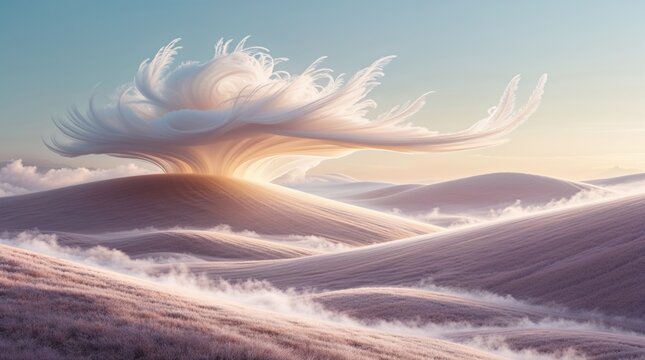 Whimsical sunrise over rolling hills. A surreal, fluffy cloud formation dominates the scene, casting a soft, golden glow.