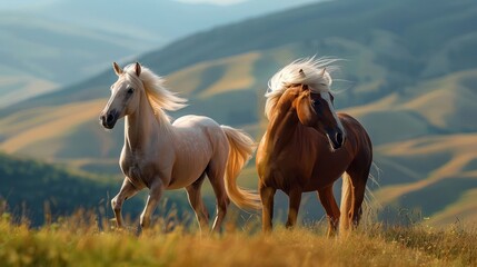 Fototapeta premium Two horses galloping through a vibrant green meadow with rolling hills in the background