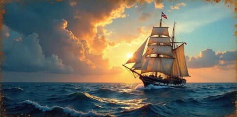 Aged canvas, sailing ship at sea, dramatic sky, sky, aged