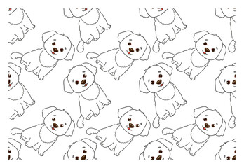 Seamless simple pattern with funny outline puppy and - character with happy muzzle. Vector pattern for fabric, cover, wrapping paper.