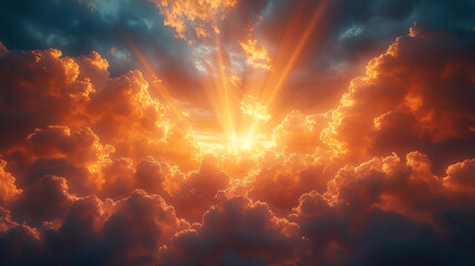 Fototapeta premium Dramatic Sunset Sky Fiery Clouds Golden Rays Heavenly Light Divine Orange View Hope Warm Color Power