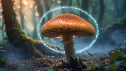 Fototapeta premium Enchanted forest scene featuring a large orange mushroom glowing with magical light. A mystical and whimsical image.