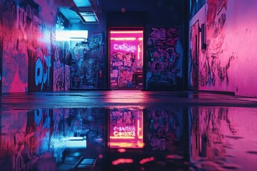 Neon-lit alleyway, graffiti, puddle reflection, cyberpunk backdrop, game design