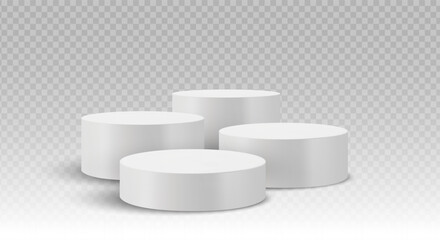 Four cylindrical podiums arranged in a staggered layout on a transparent background. Stage showcase platforms vector.
