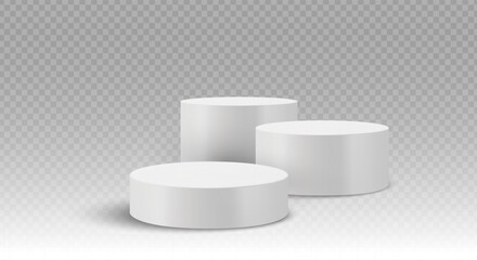 Three white cylindrical podiums with shadows on a transparent background. Stage showcase platforms vector.