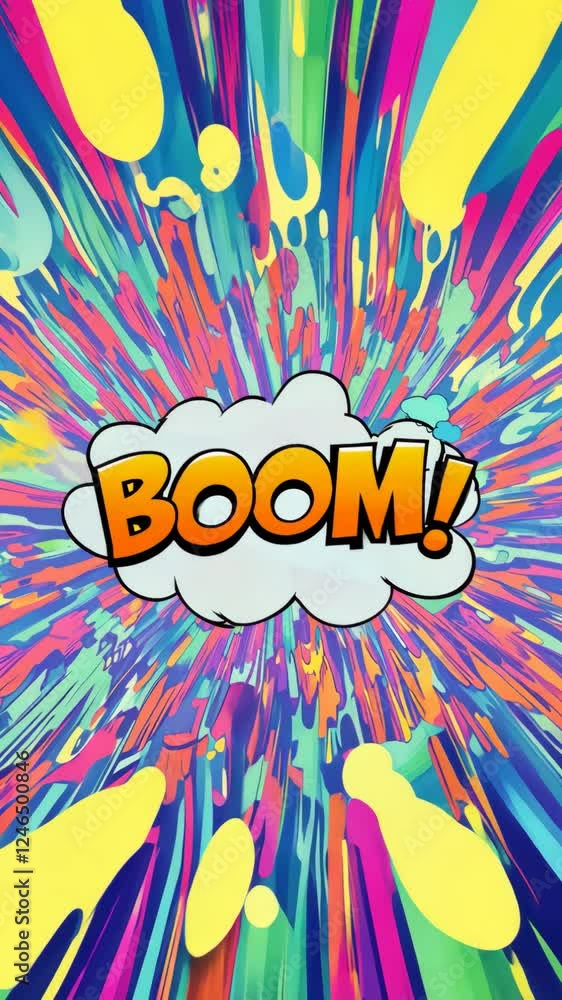 Poster A colorful explosion with the word BOOM written in the middle. The explosion is made up of many different colors and shapes