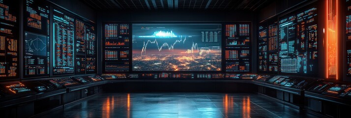 Naklejka premium Futuristic Control Room: Monitoring Global Market Trends