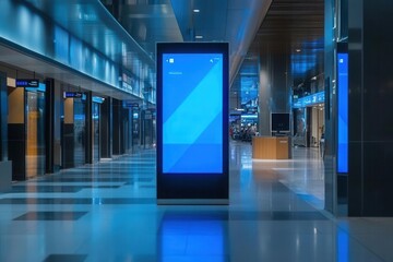 sleek digital advertising display in modern subway station, geometric architecture, blue ambient lighting, urban environment