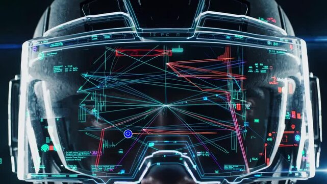 High-tech visor displays complex data in futuristic environment