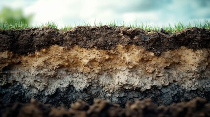 A natural soil cross-section featuring rich organic topsoil, weathered subsoil, and layered sedimentary rock, with lifelike lighting and textures. Ultra-high-resolution 4K photography