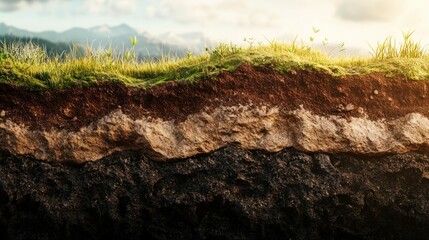 A natural soil cross-section featuring rich organic topsoil, weathered subsoil, and layered sedimentary rock, with lifelike lighting and textures. Ultra-high-resolution 4K photography