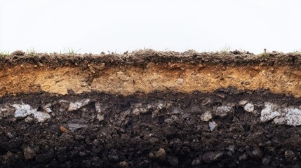 A natural soil profile cross-section showing multiple layers of earth formation, from dark fertile topsoil to compacted bedrock. High-detailed 4K photography