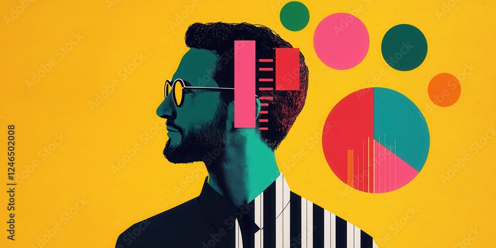 Poster a colorful, abstract portrait of a man with geometric shapes and data visualizations, symbolizing cr