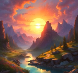 Illustration of fantasy scenic landscape.