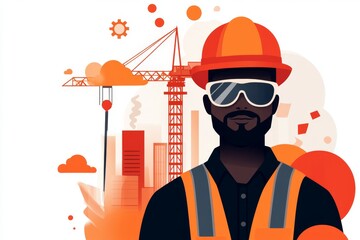 A flat illustration of a construction crane and a worker in safety gear, designed with bold, clean shapes