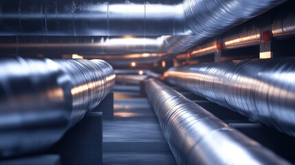 A network of underground pipelines used for district heating, with insulated steel pipes running through a dark industrial tunnel. High-quality 4K photograph