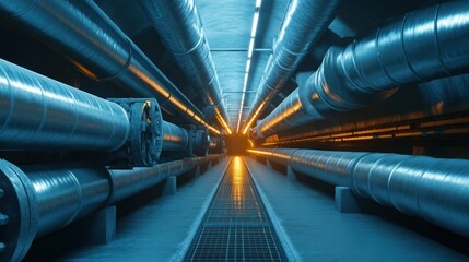 A network of underground pipelines used for district heating, with insulated steel pipes running through a dark industrial tunnel. High-quality 4K photograph
