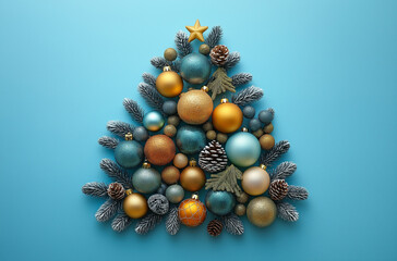 A composition of Christmas ornaments arranged in the shape of an ornament on a pastel blue background, 