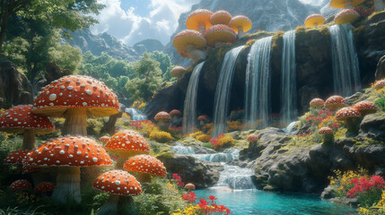 Enchanted Mushroom Falls: A Fantasy Wonderland of Nature and Magic