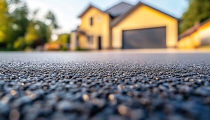 Fototapeta premium Newly Installed Resin Driveway Close-Up Textured Surface and Suburban House Backdrop for Construction and Home Design Projects