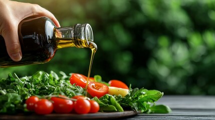 Olive oil being poured over fresh salad with tomatoes and greens