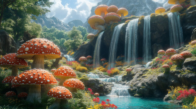 Enchanted Mushroom Falls: A Fantasy Wonderland of Nature and Magic