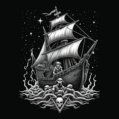Grim Ship Lost at Sea, A Graphic Illustration of a Ghostly Vessel