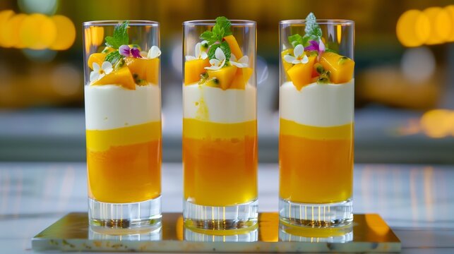 A tropical dessert in the tall,  glasses. The dessert features a smooth mango puree base, topped with a layer of creamy coconut panna cotta and a passion fruit jelly. Garnished with fresh mango slices