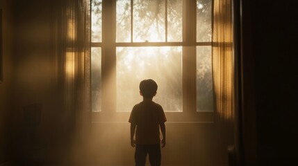 Boy gazing sunset through window, room dimly lit, hope, childhood